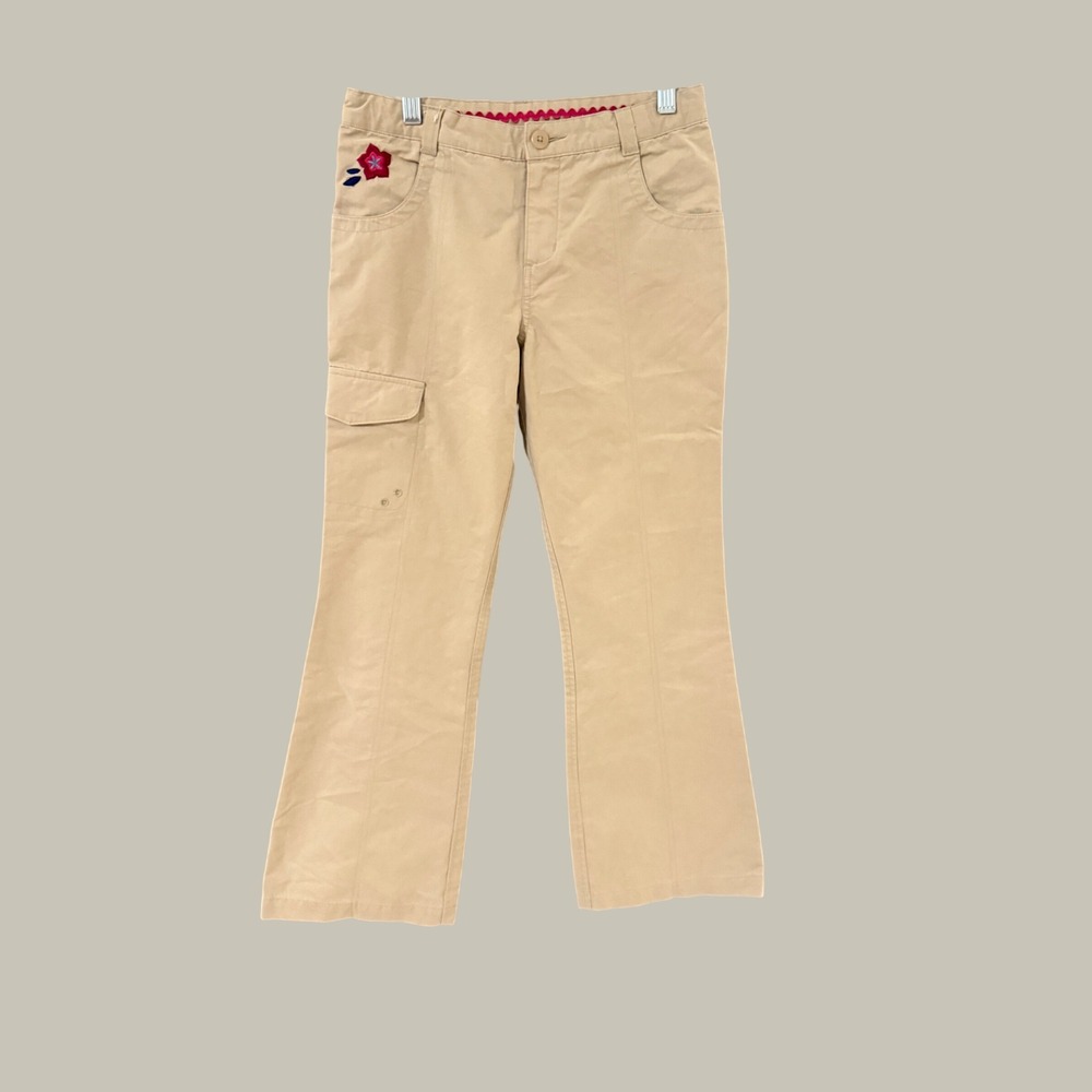 REI Kids Girls Medium 10/12 Tan Organic Cotton Flare Cargo Hiking Pants Flower